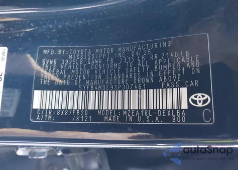 2025 Toyota Corolla Le from USA, damaged, VIN 5YFB4MDE9SP307461